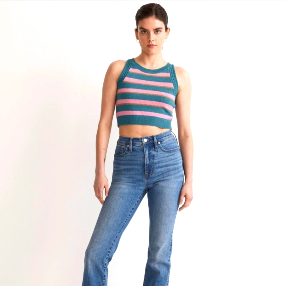 Crochet-Trim Crop Sweater Tank - Retro Pink Stripe - Madewell - XS